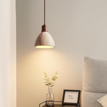 Imagem de Luminária pendente Wabi-Sabi em madeira maciça de travertino amarelo, estilo nórdico, pequena, ideal para bar, quarto, sala de estar, sala de jantar, mesa de cabeceira e restaurante (A-1).