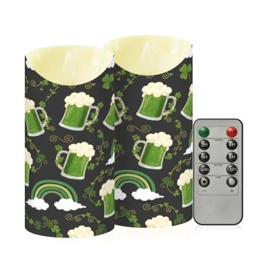 Imagem de Wassud Pacote com 2 velas sem chama de cerveja do dia de São Patrício com controle remoto, velas realistas cintilantes com temporizador, velas decorativas para Natal, casamento, festa, decoração de