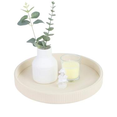 Imagem de HofferRuffer Bandeja decorativa redonda, decoração de bandeja de couro sintético, acessório decorativo para perfume, manobrista de banheiro, mesa de cabeceira ou cômoda, 30,5 x 30,5 x 4,1 cm (faixa