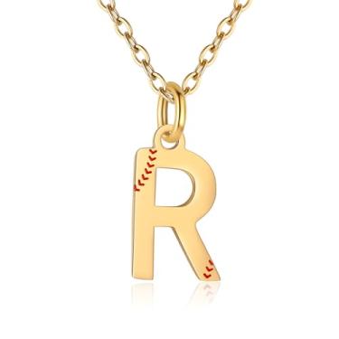 Imagem de RUOOUY Colar feminino com inicial de softball, banhado a ouro 18K, pingente de letra A-Z, joias de softball, acessórios esportivos, presente de Natal para namorada, filha, Aço inoxidável, Sem Pedra