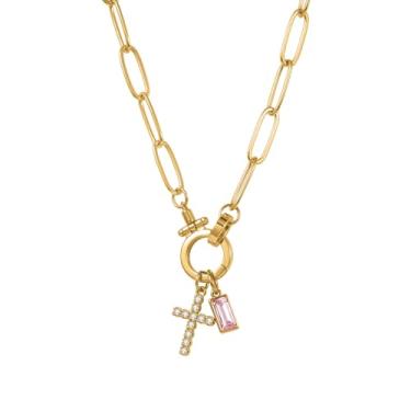 Imagem de MYDIY Colar feminino com pingente de cruz de pedra do mês de nascimento banhado a ouro, corrente delicada em camadas, presente inicial personalizado, joia cristã, pingente de cruz de fé, presente de