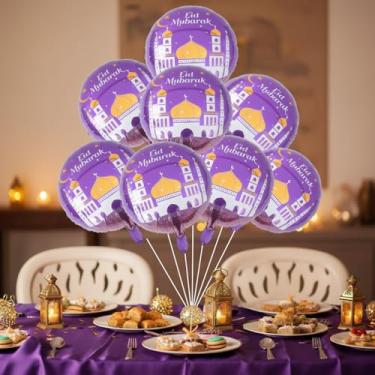 Imagem de Balão Eid Mubarak, 45,7 cm com estampa de castelo de ouro roxo Ramadã, decorações suspensas islâmicas para celebração de férias muçulmanas, artigos de festa Eid, reuniões festivas