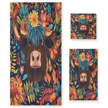 Imagem de xigua Lindo conjunto de toalhas de banheiro de vaca Highland absorvente macio 3 peças toalha de banho toalha de mão toalhas decorativas para banheiro, academia, hotel, praia, piscina