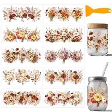 Imagem de arricraft 10 peças de adesivos de transferência de copo de PVC floral retrô, boêmio padrão de flores silvestres UV à prova d'água para copos de 473 ml, janela de vidro, decoração de impressão de casa