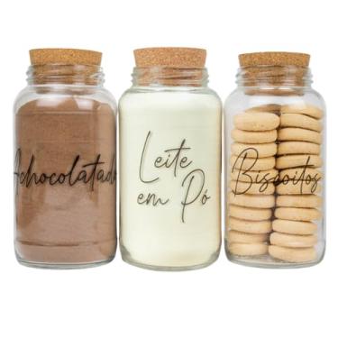 Imagem de Kit Cantinho do Café com 3 Potes de Vidro 810ml, Tampa de Cortiça, Adesivos Inclusos para Armazenamento de Cozinha (Achocolatado, Leite em Pó e Biscoitos)