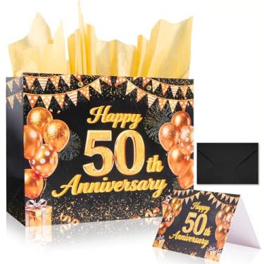 Imagem de Lednica Bolsa de presente de festa de aniversário de 50 anos de ouro preto com papel de seda e cartão, saco de embrulho de papel de 50º aniversário de casamento para mulheres e homens, bolsa de