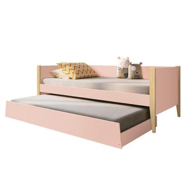 Imagem de Bicama Solteiro Noah Rosa com Pés Madeira Natural - Reller