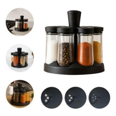 Imagem de Porta Condimentos Preto 06 Potes de Vidro Suporte Giratório - WELLMIX