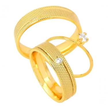 Imagem de Par De Alianças Banhada Ouro 18k 5mm Recartilhada Solitário