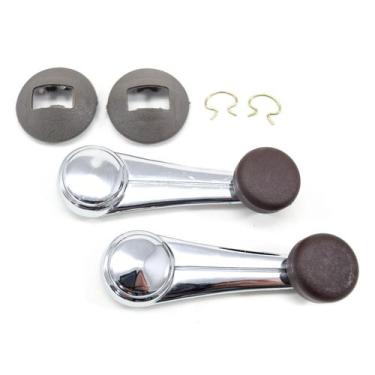 Imagem de Par 2 Manivelas do Vidro em Metal Cromadas com Botão Marrom e Molduras