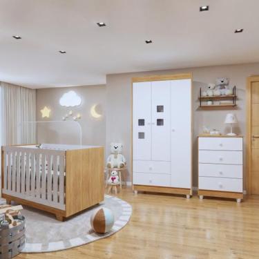 Imagem de Quarto de Bebê Completo 100% MDF com Guarda Roupa 3 Portas, Cômoda e B