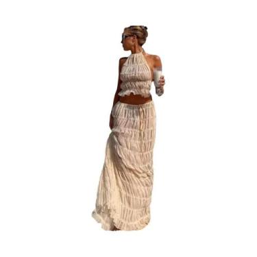 Imagem de Conjunto De Vestido Halter Branco Sem Costas Com Ruchado Para Mulheres