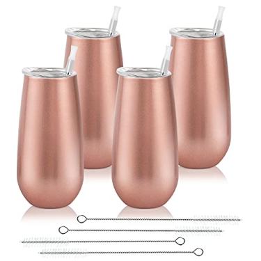 Imagem de Pacote com 4 taças sem haste, copo de champanhe isolado de 177 ml reutilizáveis com tampa, taça de vinho ou champanhe sem haste (cor ouro rosê)