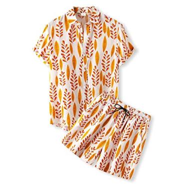 Imagem de Camiseta verão Havaí conjunto masculino manga curta e shorts casual férias na praia 2 peças roupas harajuku blusas, amarelo, 2GG (busto: 135 cm)