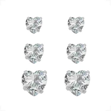 Imagem de Kit Trio Brincos Prata 925 Coração Zircônia Antialérgico