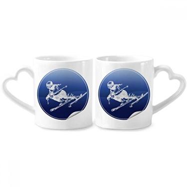 Imagem de Conjunto de canecas de porcelana para casais com ilustração retrô para esportes de inverno e esqui em cerâmica com coração