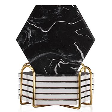 Imagem de Porta-copos de mármore preto com suporte, 6 unidades de porta-copos absorventes hexagonais modernos, porta-copos de cerâmica para mesa de café