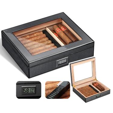 Imagem de Umidor De Charuto De Madeira De Cedro, Umidor De Janela Superior Transparente, 20 De Grande Capacidade, Com HigrôMetro EletrôNico + Umidificador, Um Bom Presente Para Os Amantes De Charutos