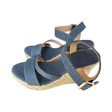 Imagem de Sandálias femininas casuais de verão com fivela de cinto vazado lateral plana sandálias romanas moda terra espírito sandálias para, Azul, 9