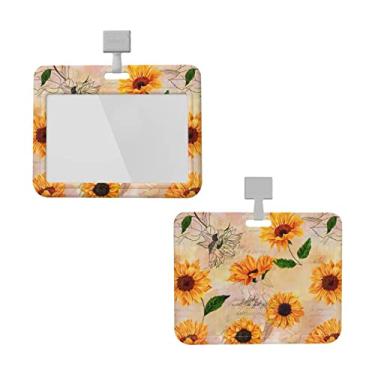 Imagem de Suporte de crachá de girassol vintage horizontal destacável suporte de crachá para homens mulheres à prova d'água cartão de identificação nome capa protetora com cordão para escritórios carteira de motorista escolar