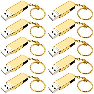 Imagem de Pen Drive, Hrich Pen Drive Mini 32GB com Chaveiro, Unidade Flash USB de Alta Velocidade USB 2.0, Para a Transferência de Músicas, Fotos, Documentos e Vídeos，USB Flash Drive x 10(32GB Ouro)