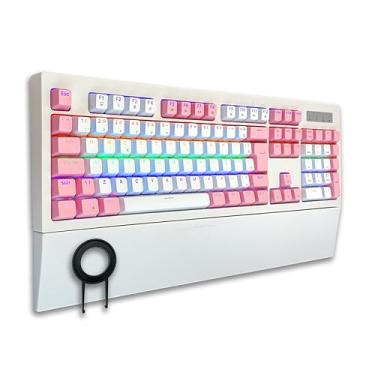 Imagem de Teclado Gamer Mecanico Abnt2 Led Rgb Pc Branco Rosa Azul Com Switch Outemu Blue Knup KP-TE102 QWERTY luz led Rainbow Lançamento Knup (Branco com Rosa)