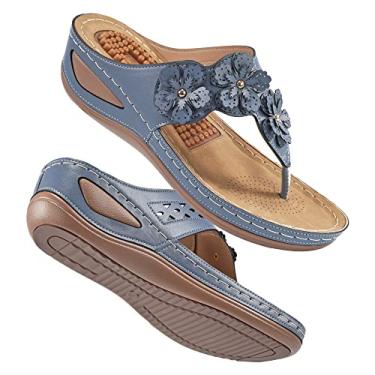 Imagem de Sandália feminina chinelo feminino com suporte de arco confortável para caminhar plataforma sandália flor função de massagem plataforma sapato casual flip chinelo, Azul, 6
