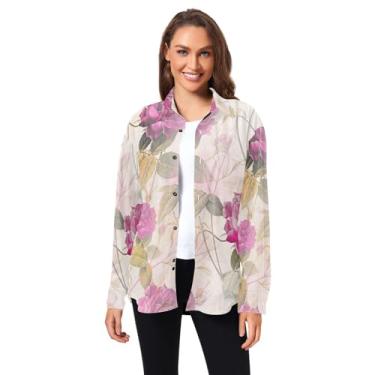 Imagem de Camisas sociais masculinas modernas de manga longa rosa rosas flores para mulheres praia com bolsos PP, Rosas, rosa, flor moderna, PP