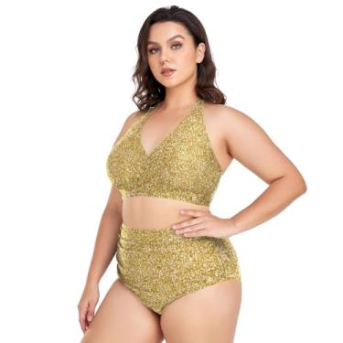 Imagem de CHIFIGNO Biquíni feminino plus size, 2 peças, biquíni de cintura alta, roupa de banho sexy, Glitter dourado, XXG Plus Size