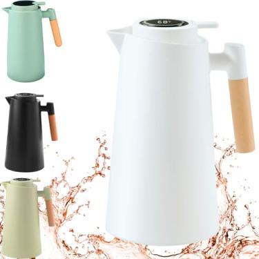 Imagem de Garrafa Térmica de Café 1000ml Plástico com Cabo de Madeira e Termômetro 1L vacuo Utensílios de Cozinha Mesa Posta Decoração Itens Para Casa Perfeita Para Café e Chá Quente e Frio (Branca)