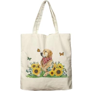 Imagem de Dlzdn Sacola de lona de girassóis para cães para mulheres, estética Golden Retriever, sacola de compras, bolsa de compras, bolsa de praia, presentes para mulheres, bolsa de professor, reutilizável,