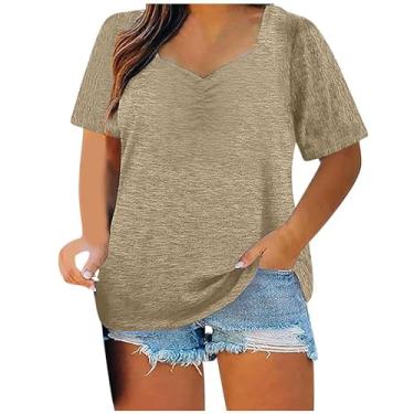 Imagem de Camisetas femininas plus size, simples, manga curta, gola V, cor sólida, solta, blusa casual macia, roupas de verão, Caqui, 3G