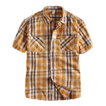 Imagem de Camisa masculina xadrez clássica de manga curta tendência diária de verão camiseta de algodão lavado meia manga, Amarelo e branco., GG