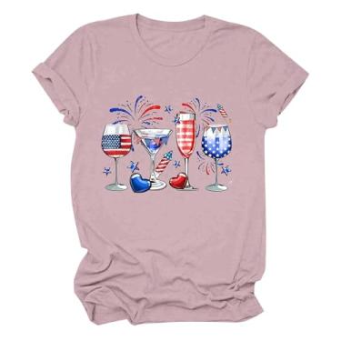 Imagem de Camiseta feminina de 4 de julho, vermelho, branco-azul, gola redonda, manga curta, roupas de dia independente, Rosa choque, XXG