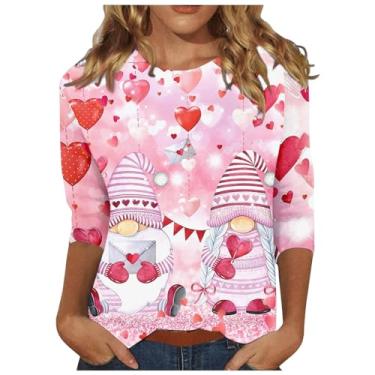 Imagem de Camisetas femininas estampadas Love Love Graphic gola redonda manga 3/4 presente para casais, Vermelho - B, P