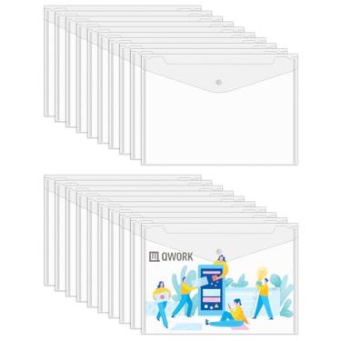 Imagem de QWORK Envelopes de plástico transparente, 20 peças de envelopes de documentos tamanho carta A4 envelopes de arquivo de saco de arquivo com fecho de botão, pastas de plástico para escritório, escola,