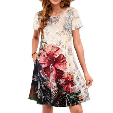 Imagem de Sherosa Vestidos de verão para mulheres 2024 vestido floral de praia manga curta bolsos casual camiseta vestido, Bege floral, GG