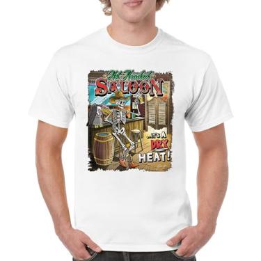 Imagem de Camiseta masculina Hot Headed Saloon But its a Dry Heat Funny Skeleton Biker Beer Drinking Cowboy Skull Southwest, Branco, 5G