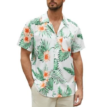 Imagem de Hardaddy Camisa masculina havaiana folha de palmeira tropical floral camisa manga curta abotoada verão praia acampamento gola, Branco, G