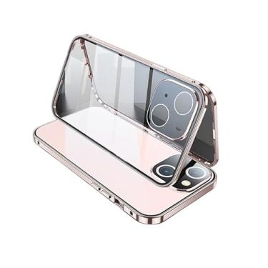 Imagem de KOMISS Capa para iPhone 14Pro Max/14 Pro/14 Plus/14, moldura magnética de metal dupla face, vidro temperado transparente à prova de choque com capa de proteção para câmera fina, rosa, 14 Pro Max 6,7