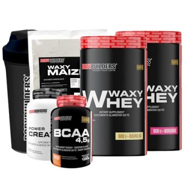 Imagem de Kit 2x Waxy Whey Morango e Baunilha 900g + BCAA 100g + Power Creatine 100g + Waxy Maize 800g + Coqueteleira – Bodybuilders