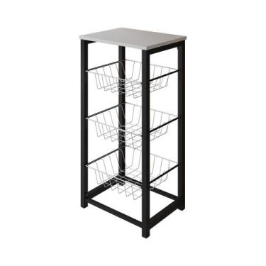 Imagem de Fruteira de Chão Cozinha Desmontada Aço Preto Cesto Branco Tampo Branc