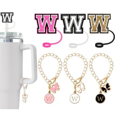 Imagem de (3 +3) Capa de canudo Nuozme compatível com copo Stanley Tumbler 3 peças de tampas de palha com letras com 3 pingentes de borboleta inicial Nome ID para Stanley Copo de 30 e 1,134 g