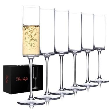 Imagem de BACLIFE Conjunto de 6 taças de champanhe de cristal - taças de champanhe sopradas à mão com haste longa - taça de vinho espumante elegante de 184 g - presente exclusivo para Natal, aniversário