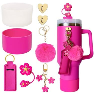 Imagem de Acessórios para Stanley Cup 1,134 g, 2 botas de silicone para copo Stanley, 1 cobertura de palha de flor, 2 ganchos de pingentes, 1 bolsa para batom, 1 bola pompom, 1 chaveiro fofo (rosa passião)