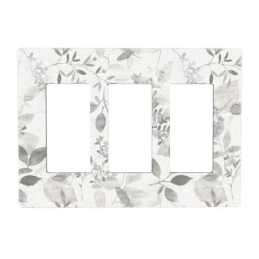 Imagem de Branco Cinza Boho Folha de eucalipto 3 Gang Triplo Rocker/Decorador Interruptor de Luz Placa de Parede Decorativa GFCI Placa Frontal Elétrica Dimmer