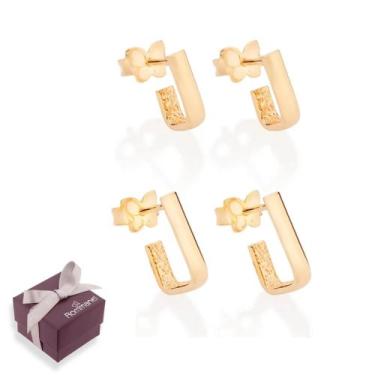 Imagem de Kit Brincos Rommanel Banhados A Ouro 18k Retangulares Presente Feminin