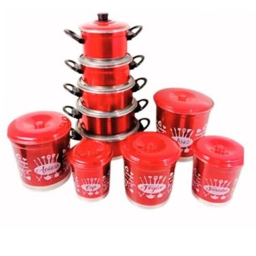 Imagem de Jogo de Panelas Vermelha Verniz 5 Pçs + Kit Mantimentos 5 Pçs + Talher