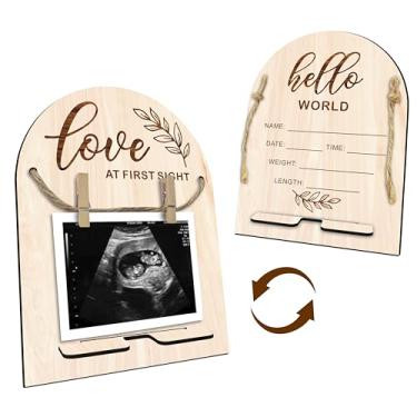 Imagem de Placa de madeira Hello World Baby Recém-nascido – Moldura de ultrassom com suporte – Placa de anúncio de bebê inacabada com impressão dupla face – Quadro de marcos e presente de gravidez – A01