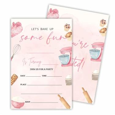 Imagem de Hsupl Cartões de convite de aniversário (10 cm x 15 cm - Let's Bake Up Some Fun - Conjunto de 20 convites de aniversário com envelopes - Convites de tema de pastelaria para meninos, adolescentes,